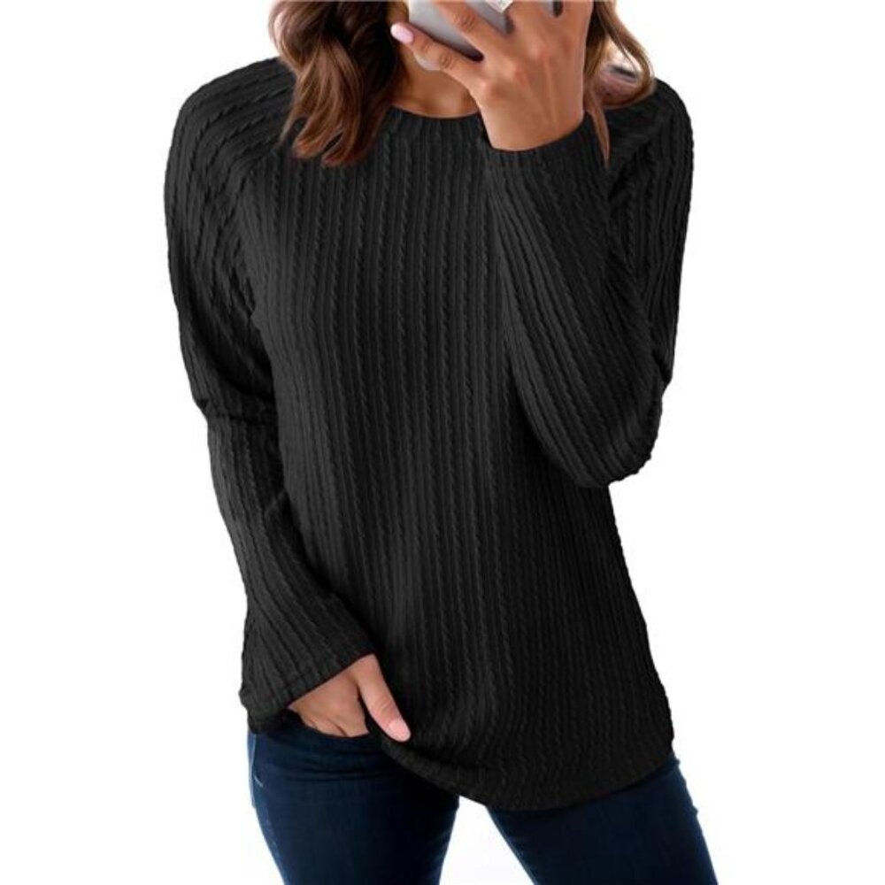 Women’s Black Cable Knit Crewneck Sweater Hoodie